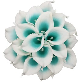 Mini Artificial Calla Lily 10 Stem Bridal Bouquets Artificial Latex Real Touch Flowers for Home Party Decor (Turquoise White)