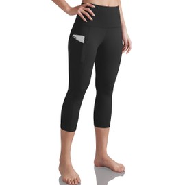 ODODOS Women's High Waisted Yoga Capris with Pockets,Tummy Control Non See Through Workout Sports Running Capri Leggings, Black,X-Large