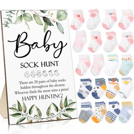 Hoteam 21 Pcs Baby Shower Games Include Baby Sock Hunt Sign and 20 Pair Small Cotton Socks Wooden Table Sign with Holder for Boy and Girl Gender Reveal Party Favors(Greenery,Cute Style)