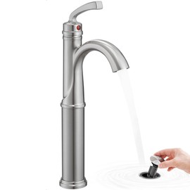 HOIGY Brass Vessel Faucet Brushed Nickel, 1 Hole Tall Faucet for Bathroom Sink with Single Handle, Pop Up Drain & cUPC Water Hoses, Classic Aerator Style for Vessel Sink, 5 Mins Quick Installation