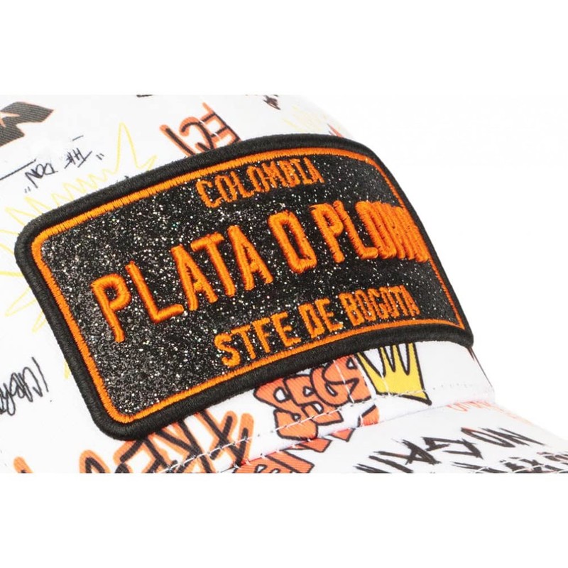 Plata o Plomo Cap White and Orange Rhinestone Streetwear Power
