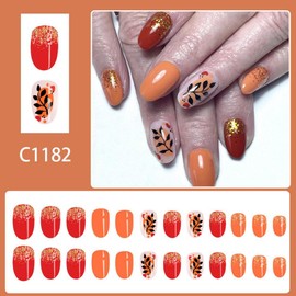 Fall Press on Nails Short Almond Fake Nails with Leaf Design Glossy Glitter False Nails Autumn Glue on Nails Reusable Full Cover Orange Red Stick on Nail for Women Girls Manicure 24Pcs