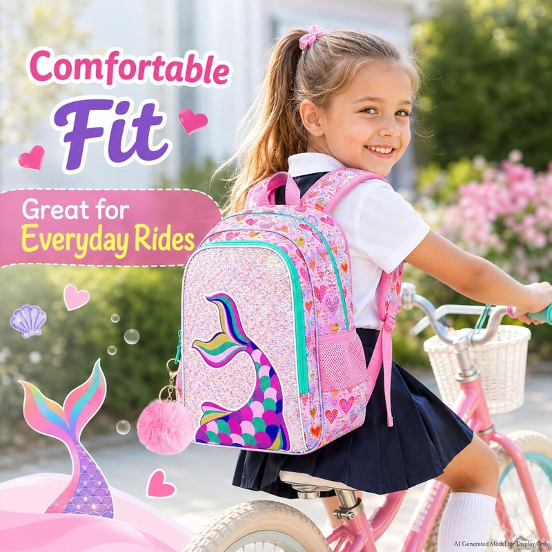 CCJPX 16" Mermaid Backpack for Girls, 3Pcs Kids Sequin Bookbag