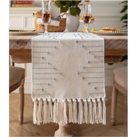 Caflife Boho Table Runner 13 x 108 Inch Long Natural Cotton Woven Runner with Tassels for Home Dining Table décor, for Modern Farmhouse Decor Coffee Table Runner, Grey and Beige