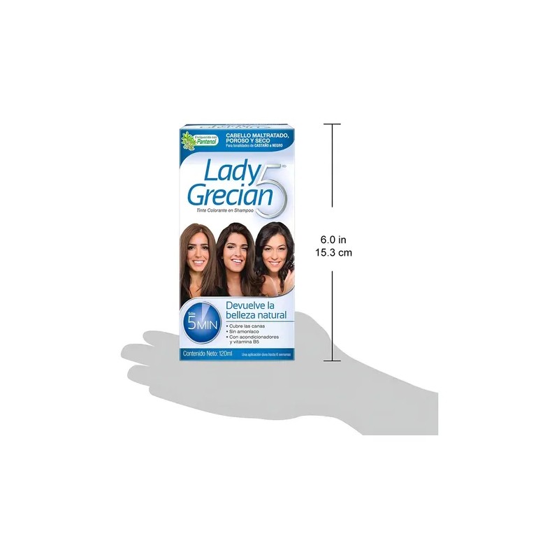 Tinte Shampoo Lady Grecian 5 Castaño a Negro Sin Amoníaco