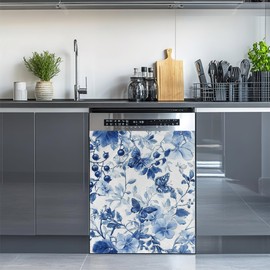 Butterfly Magnet Dishwasher Cover,Berry Plant Blue Magnet Sticker Fridge Panel Decal for Home Kitchen Decor, 23 W x 26 H Inch