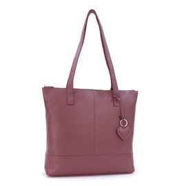 Gigi - Ladies Leather Tote Bag With Zip - Large A4 Shoulder Bag For Work - With Heart Keyring Charm - Othello 9101A - Burgundy