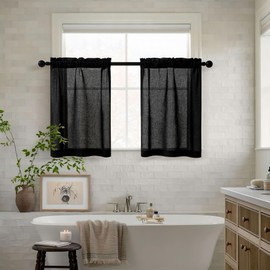 Black Linen Kitchen Window Curtains 2 Panels Rod Pocket Linen Cafe Drapes 24 Inch Length Light Filtering Semi Sheer Modern Black Short Tier Curtains for Small Window Basement Bathroom RV 26Wx24L