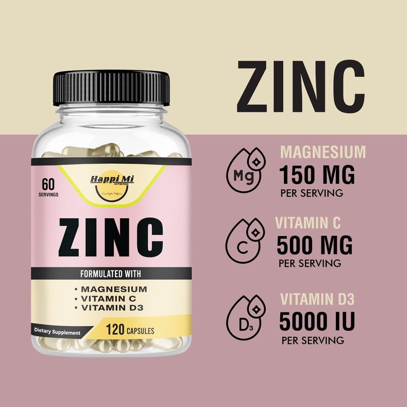 Happi Mi Nutrition Zinc, Zinc 100mg, Magnesium Glycinate 150mg, Vitamin