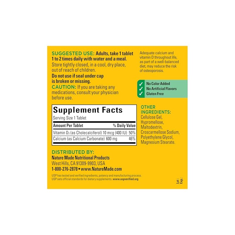 Nature Made Calcium 600 mg with Vitamin D3, Dietary Supplement