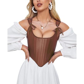 Dreay Womens Vintage Asymmetrical Hem Overbust Corset Tie Front Lace-up Back Bustier Top 956-Coffee-XXL