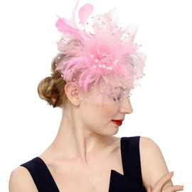 Durzasvo Women's Fascinators Tea Party Wedding Mesh Flower Pearl Feather Fascinator Hat with Headband and Clip Pink