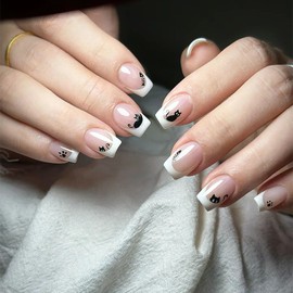 24Pcs Short Press on Nails Square RTKHFZE French Tip Press On Nails Coffin Fake Nails with Cartoon Black Cat Designs False Nails Nude Pink Acrylic Nails with Full Cover Stick on Nails for Women