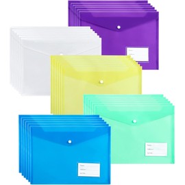 30 Pack Plastic File Folders,A4 Paper Size Waterproof File Envelopes with Label Pocket and Snap Button for School and Office Supplies (Multiple Colours)