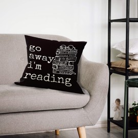Mancheng-zi Funny Quotes Go Away I'm Reading Throw Pillow Case, Gift for Book Lover Friend, Bedroom Reading Book Club Decor,18 x 18 Inch Black Linen Cushion Cover for Sofa Couch Bed