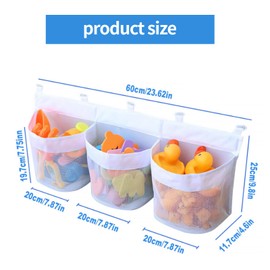 Bathroom Toy Storage Net organiser, 60cm Bathroom Toy Storage With 3 Compartments, Quick Drying Bath Toy Holder Bath Toy Tidy With 5 Strong Suction Hooks