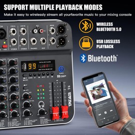 Audio Mixer, TKLBLS Studio Audio Sound Mixer Board, 6 Channel Unpowered Recording Mixers w/USB Audio Interface, DJ Mixer with 48V Phantom Power for KTV, Live Shows, Streaming, Conferences