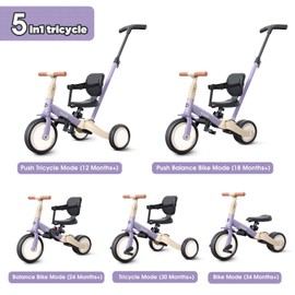 newyoo Toddler Tricycle with Push Handle for 1-3 Year Old, Toddler Bike, Birthday Toy for Boys and Girls, 5 in 1 Kids Trike, Balance Bike with Backrest and Safety Belt, Purple, TR007