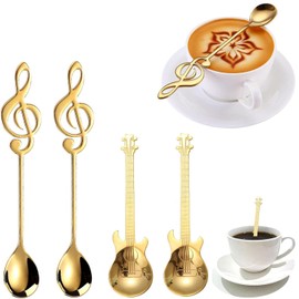 Guitar Coffee Spoon Set, 4 Pieces Guitar Spoons, Music Note Mixing Spoon, Stainless Steel Coffee Spoon, Small Spoon for Home, Funny Music Decoration Gift Teaspoon, Dessert Spoon for Tea, Milk, Ice