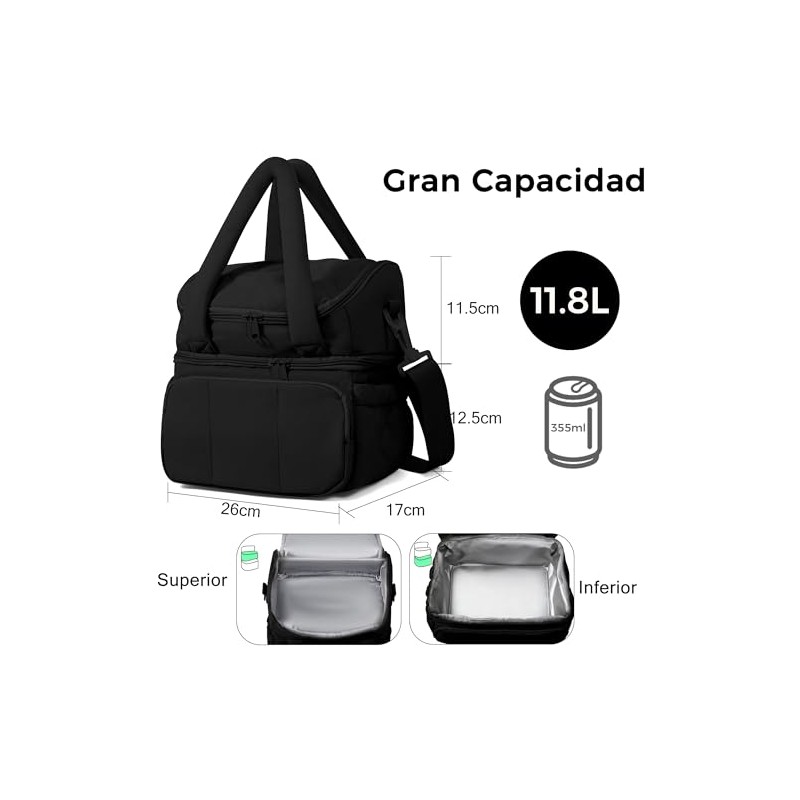Lonchera Térmica con Doble Compartimento para Hombre Mujer, Bolsa de