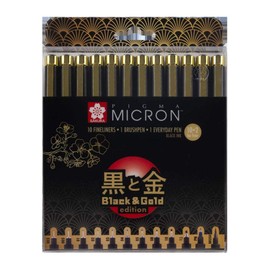 Sakura Pigma Micron Fineliner Pens Black and Gold Edition Black Ink Pack of 10 + 2 FREE