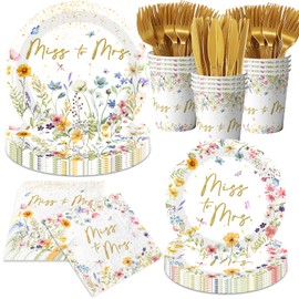 Floral Bridal Shower Decorations - 144Pcs Miss to Mrs Paper Plates and Napkins Spring Wildflower Wedding Tableware Set