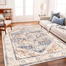 CHAMPLANT Area Rug 5'x7' Blue Khaki Washable Vintage Traditional Floor Cover Thin Retro Kitchen Indoor Distressed Non Slip Carpet Floral Print Mat for Living Room Bedroom Dining Room