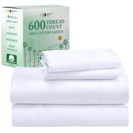 California Design Den California Design Den Queen Sheet Set - Luxury 600 Thread Count Sateen, 100% Cotton Deep Pocket Queen Sheets with All Around Elastic for a, Hotel Quality Bedding Set - White