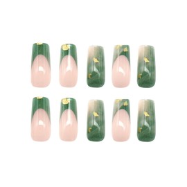 SINHOT Press on Nails Long Square Fake Nails Gold Glitter French Tip Nails Green Acrylic Nails Glossy Glue on Nails Squoval Artificial Nails Stick on False Nails with Design 24 pcs