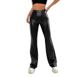 WDIRARA Women's High Waisted Faux Leather Flare Leg Bell Bottom Solid Bootleg Pants Black L