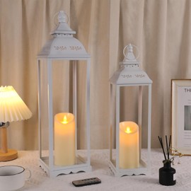 2 Pack Large Lanterns Decorative Indoor, White Tall Farmhouse Outdoor Lantern for Porch, 22'' 17'' Lantern Decor (no Glass) with 2PCS Flameless Candles for Wedding Home Table Front Door