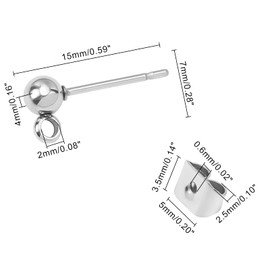 PH PandaHall 200pcs Ball Stud Earring Kit, Stainless Steel Ball Post Earring Studs Round Ball Ear Pin with Loop with Butterfly Earring Back for Dangle Earring Jewellery Making