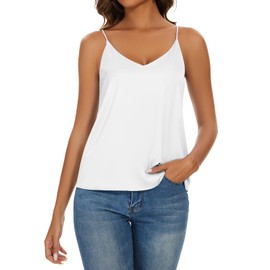 Miqieer Basic Women's Silk Tank Top Ladies V-Neck Camisole Silky Loose Sleeveless Blouse Satin Tank Shirt(White,2XL)