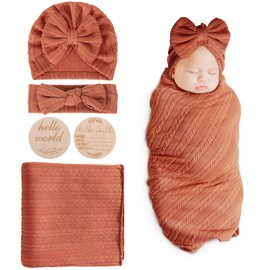 DRESHOW Baby Swaddle Blanket Newborn Swaddle Swaddle with Baby Bow Hat Headband, 1 set: Birth Announcement Card + Hat + Hairband + Blanket (Caramel)