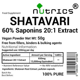 Nutrics® 13,000mg (per Capsule) 60% Saponins SHATAVARI Root Extract V Capsules Asparagus Racemosus 100% Pure - No fillers Binders or Bulking Agents (50g Extract Powder, 1, Count)