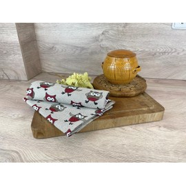 Ger3as Set of 2 Gourmet Tea Towels, Kitchen Towels, Linen Cotton Hand Towels, 50 x 70 cm, Half-Linen Stonewashed Jacquard or Printed Tea Towels (Printed Half-linen Kitchen owl in burgundy)