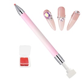 WOKOTO 1 PCS Nail Art Rhinestone Picker Pens With 1 Box Spare Silicone Clay Tool Pink&White Gradient Rotating Push Nail Diamond Art Painting Dotting Pen Refillable Wax Pen For Nails Gems Picker Tool
