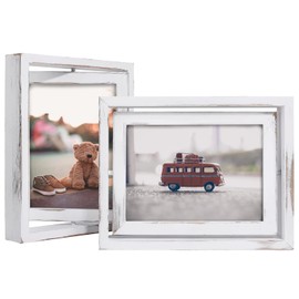 Egofine 2 Pack 5x7 Rotating Floating Picture Frames,Double-Sided Display with HD Glass Front Wooden Distressed Frame for Vertical or Horizontal Tabletop Display, White