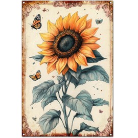 Póster de pared original con diseño de flores clásico, divertido arte clásico retro, decoración de pared, cochera/cueva de hombre/habitación, letreros de metal (H - girasol y mariposa, 12 x 8 x 0.06