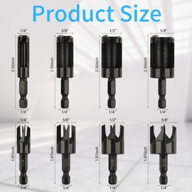 Rocaris 8 Pack Wood Plug Cutter Drill Bit Set, Straight and Tapered Taper Cutting Tool 1/4", 5/8", 3/8", 1/2", 1/4 Inch Hex Shank, Black
