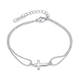 Rockyu Womens Silver Cross Bracelet Adjustable Double Ball Chain Hypoallergenic Stainless Steel Party Accessory