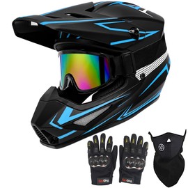 Youth Motorcross Helmet, Kids Dirt Bike Helmets, Motorcycle Helmets Off-Road Mountain Bike BMX MX ATV Helmet with(Gloves Goggles Mask) 4Pcs Set - DOT Approved (B-Blue, Small)