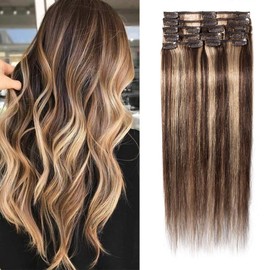 Elailite Clip in Hair Extensions Real Human Hair Remy Hair Full Head - 8 Pcs Invisible Thin Weft - Mix #4/27 Medium Brown & Dark Blonde - 18 Inch (70 g)