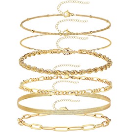 Yimofy Gold Bracelets for Women 6Pcs Layered Bracelets Set Dainty 14K Gold Plated Satellite Box Figaro Rope Herringbone Paperclip Wrist Chain Layering Bracelet Minimalist Jewelry Gifts for Women Girls