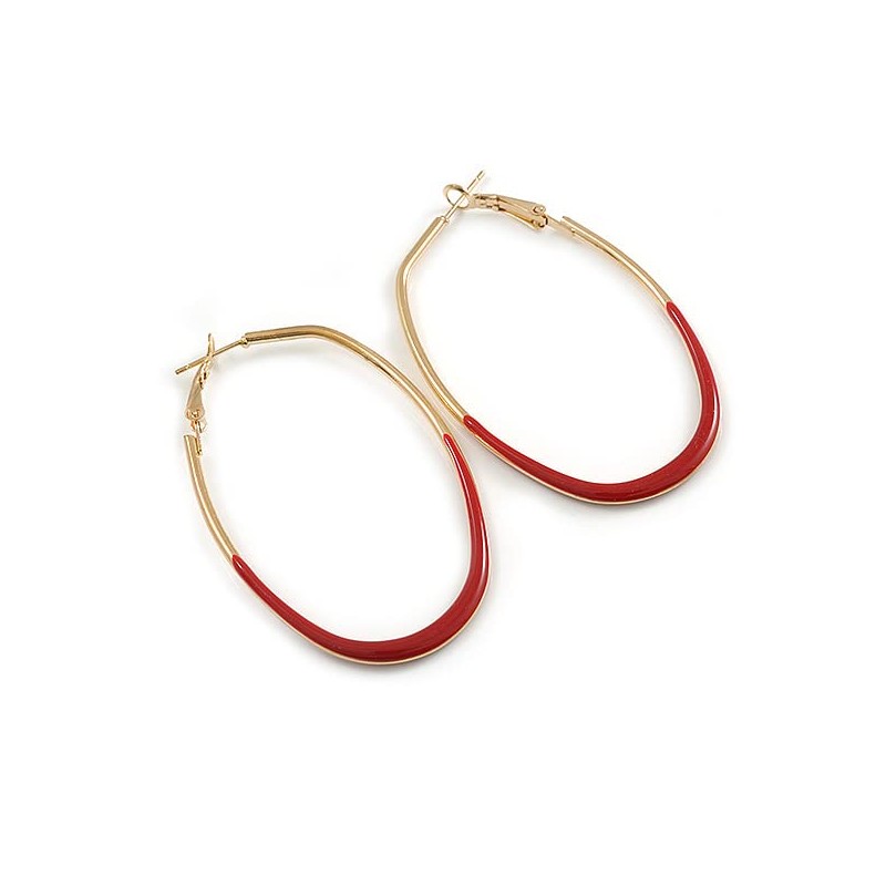 60mm Tall/Gold Tone with Red Enamel Oval Hoop Earrings/Large Size