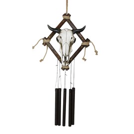 Ebros Gift Large Rustic Western Bison Bull Skull On Branchwood Frame Decorative Wind Chime Garden Patio As Wildlife Hanging Mobile Figurine for Cowboys Country Tribal Southwestern Accent