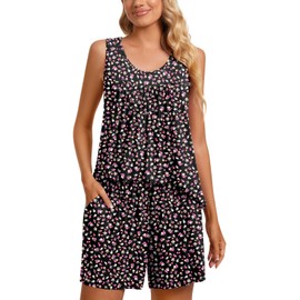 TAOHUADAO Womens Summer 2 Piece Pajama Sets, Sleeveless Tunic Tops with Shorts, Lounge Sleepwear Ladies Pjs Sets with Pockets 4XL, Small Black Flowers