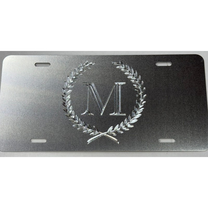 Silver Monogram Crest Car Tag Diamond Etched Engraved .040 Aluminum