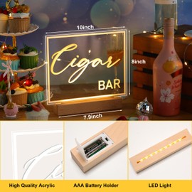Hoolerry LED Acrylic Bar Table Sign 8" x 10" Neon Acrylic Sign, Snack Candy Bar Sign with Stand Clear Acrylic Sign with White Text for Dessert Flower Bar Decor (Cigar Bar Sign)
