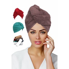 Luxury Hair Towel Wrap Quick Magic Dry Towelling Hair Turban Hat 100% Cotton Water Absorbent Drying Caps with Loop and Button Fastener– Size 62x23cm Pack of 2 - Brown